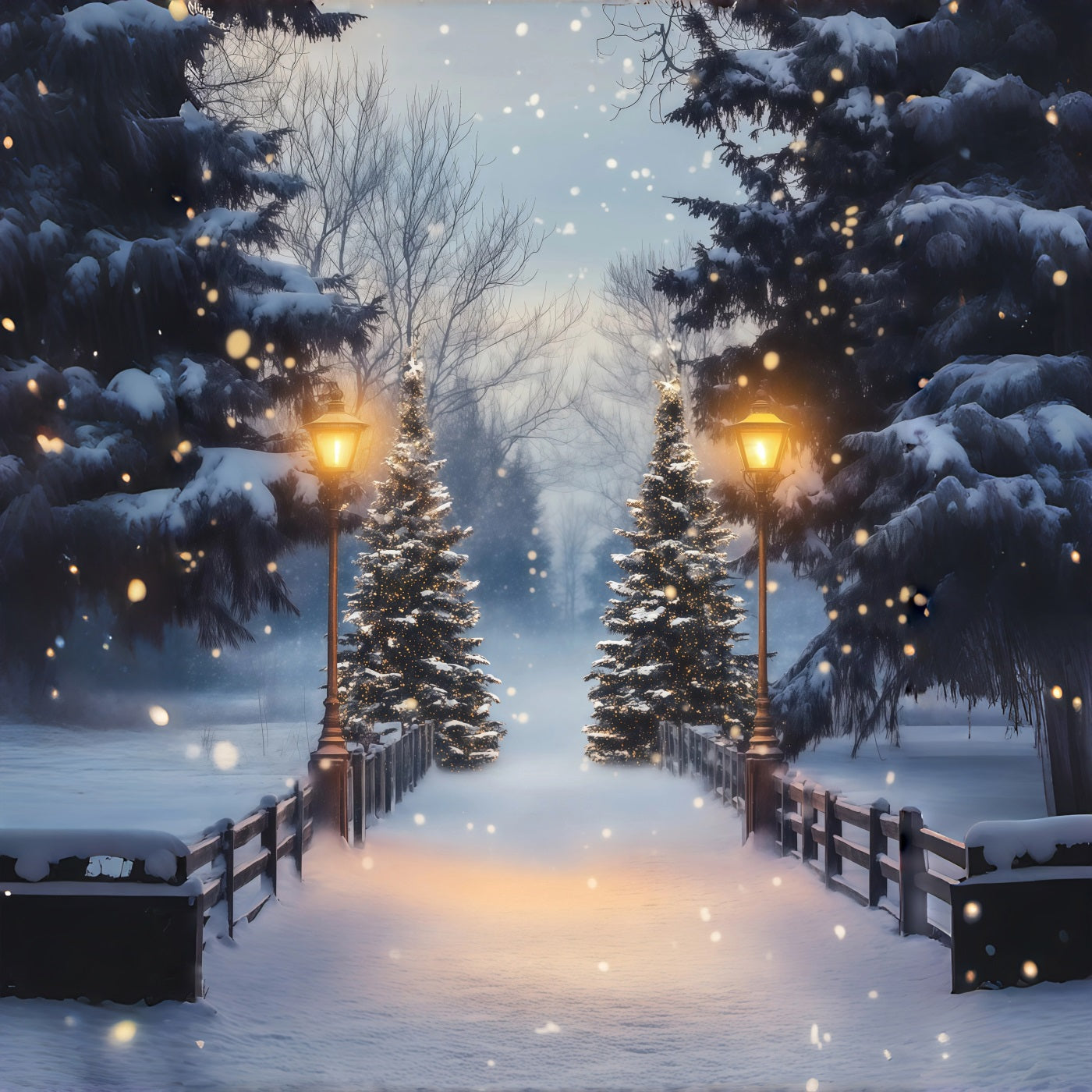 Christmas Forest Backdrop Snowy Pine Lantern Bridge Studio Christmas Backdrop RR68-86