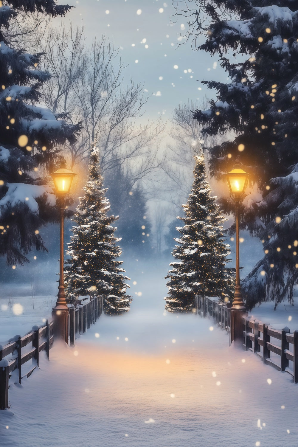 Christmas Forest Backdrop Snowy Pine Lantern Bridge Studio Christmas Backdrop RR68-86