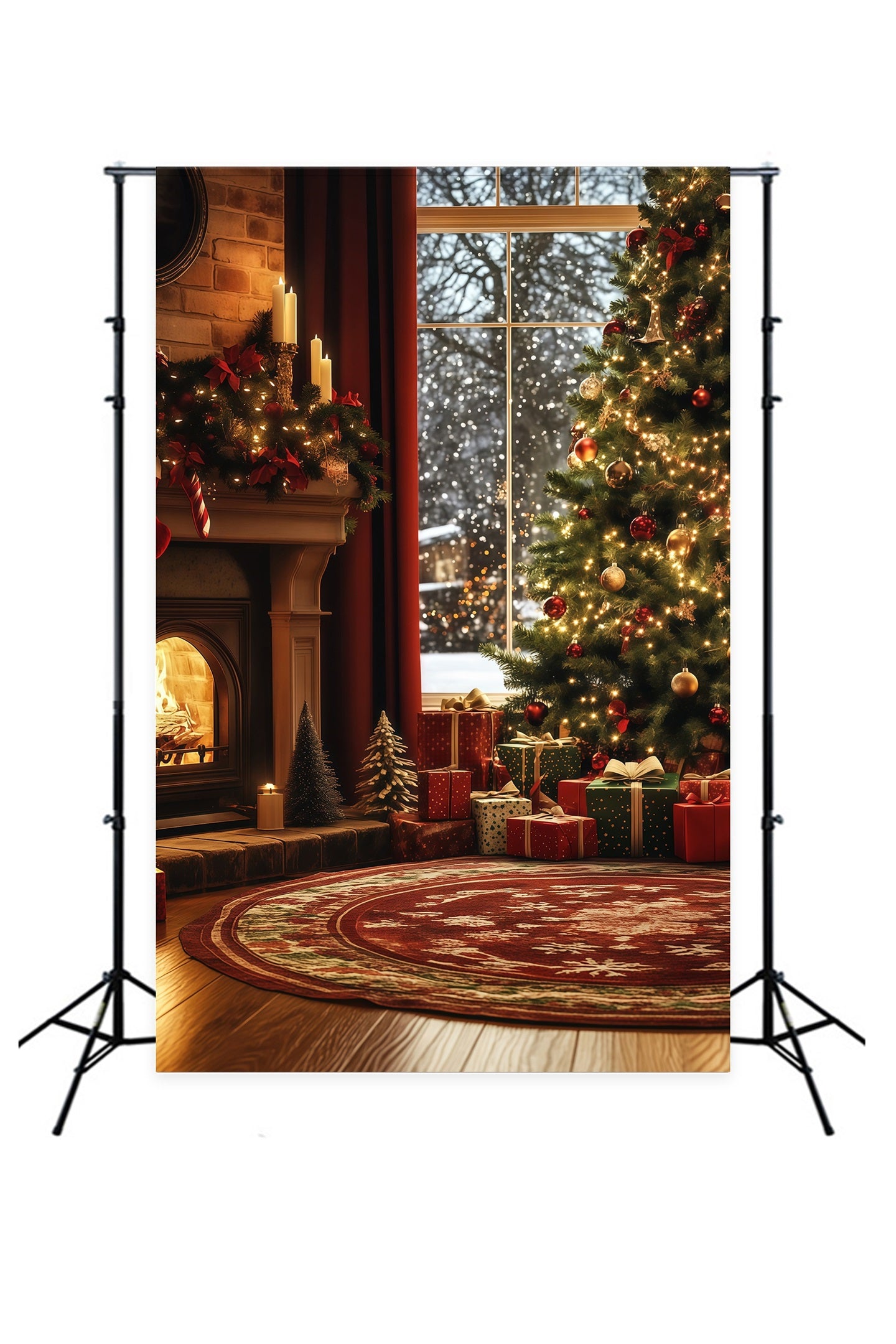 Cozy Christmas Backdrop Window Fireplace Tree Corner Studio Christmas Backdrops RR68-87