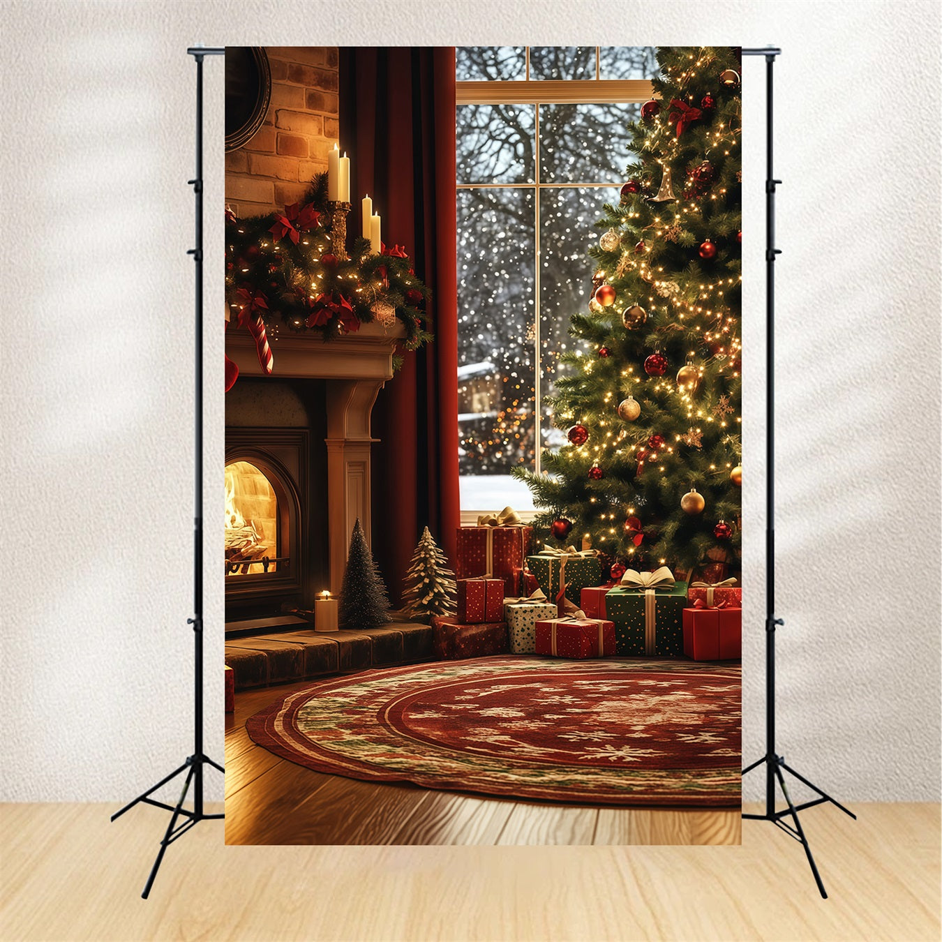 Cozy Christmas Backdrop Window Fireplace Tree Corner Studio Christmas Backdrops RR68-87