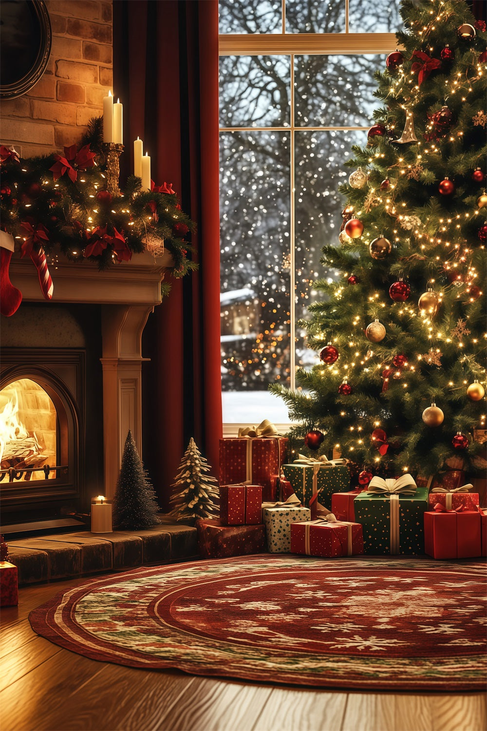 Cozy Christmas Backdrop Window Fireplace Tree Corner Studio Christmas Backdrops RR68-87