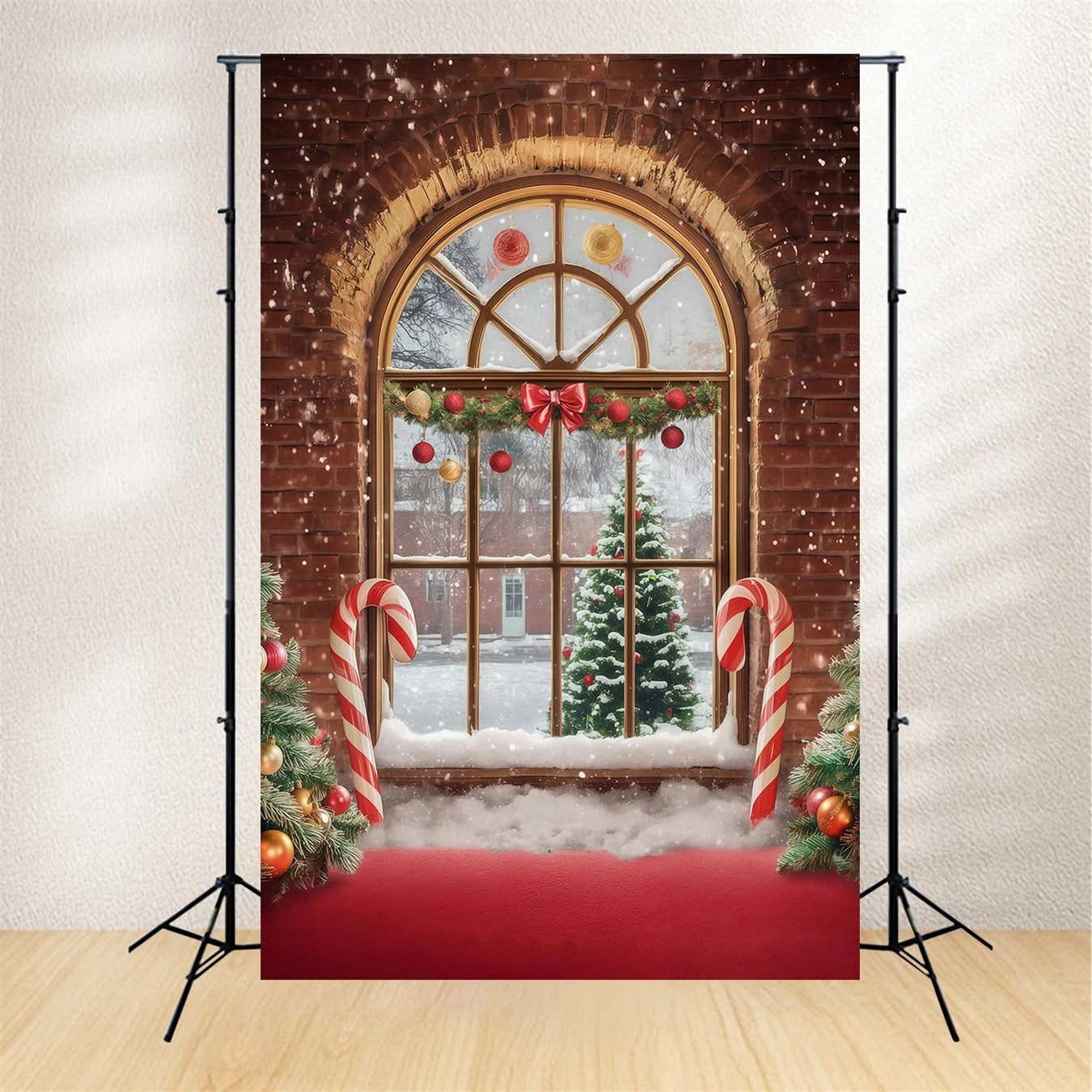 Christmas Window Backdrop Brick Candy Canes Tree Wall Christmas Backdrop RR68-88