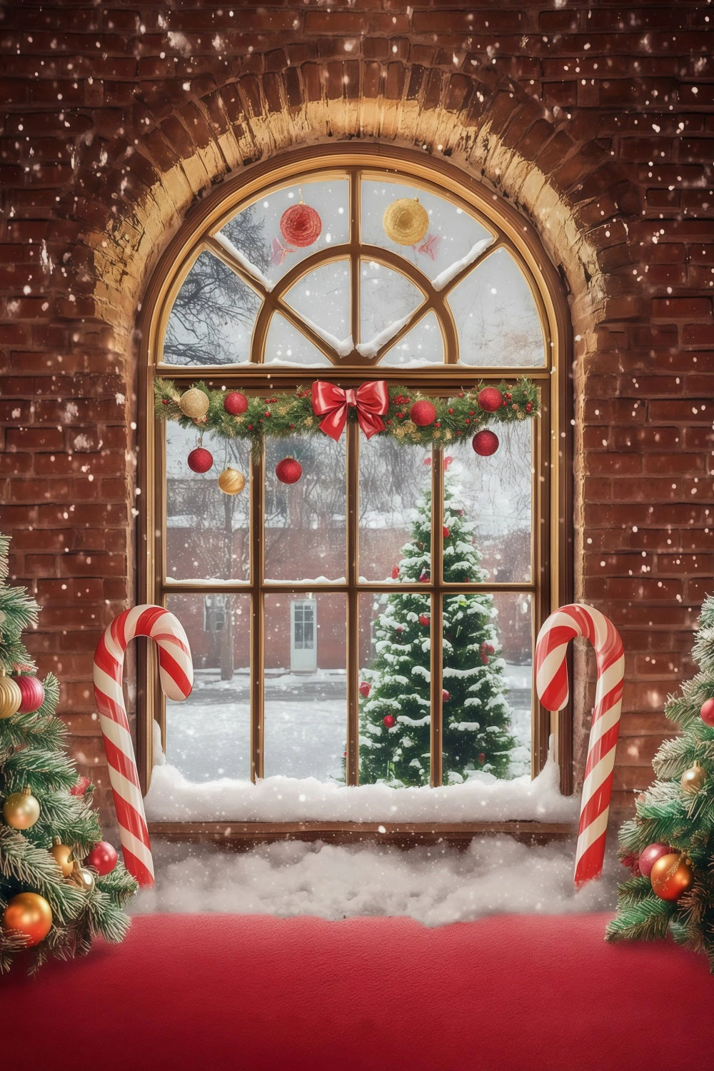 Christmas Window Backdrop Brick Candy Canes Tree Wall Christmas Backdrop RR68-88