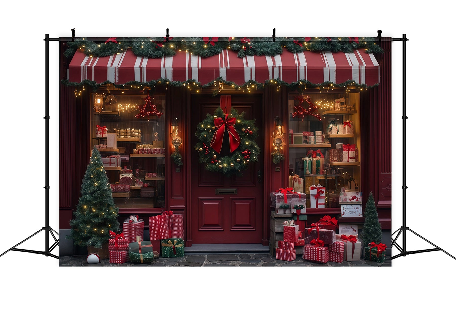 Christmas Store Backdrop Red Wreath Gift Shopfront Christmas Muslin Backdrop RR68-89