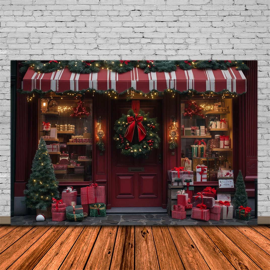 Christmas Store Backdrop Red Wreath Gift Shopfront Christmas Muslin Backdrop RR68-89