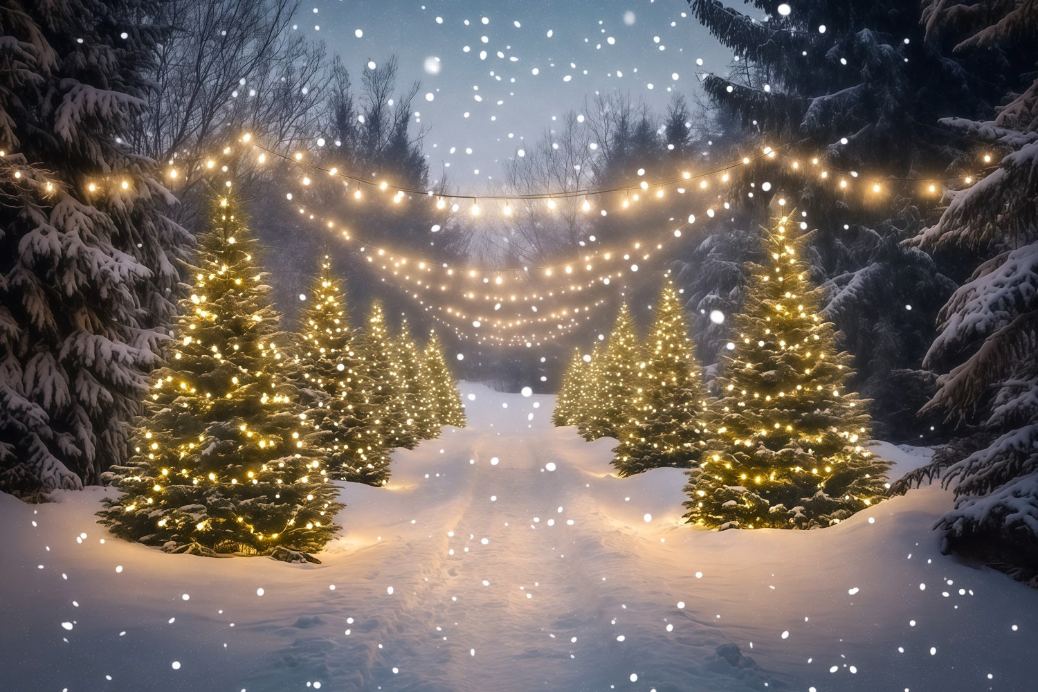 Christmas Wonderland Backdrop Snowy Forest Light Path Indoor Christmas Backdrops RR68-91
