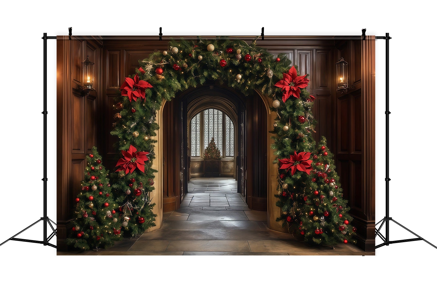 Christmas Arch Backdrop Poinsettia Garland Hallway Arch Wall Backdrop Christmas RR68-93