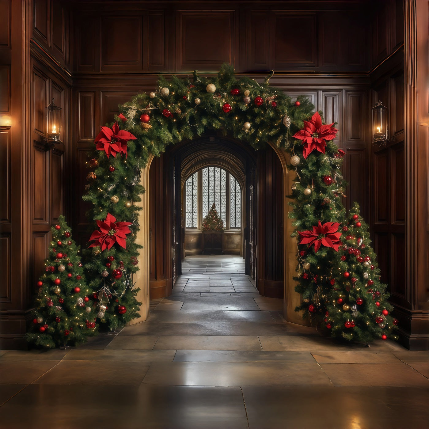 Christmas Arch Backdrop Poinsettia Garland Hallway Arch Wall Backdrop Christmas RR68-93