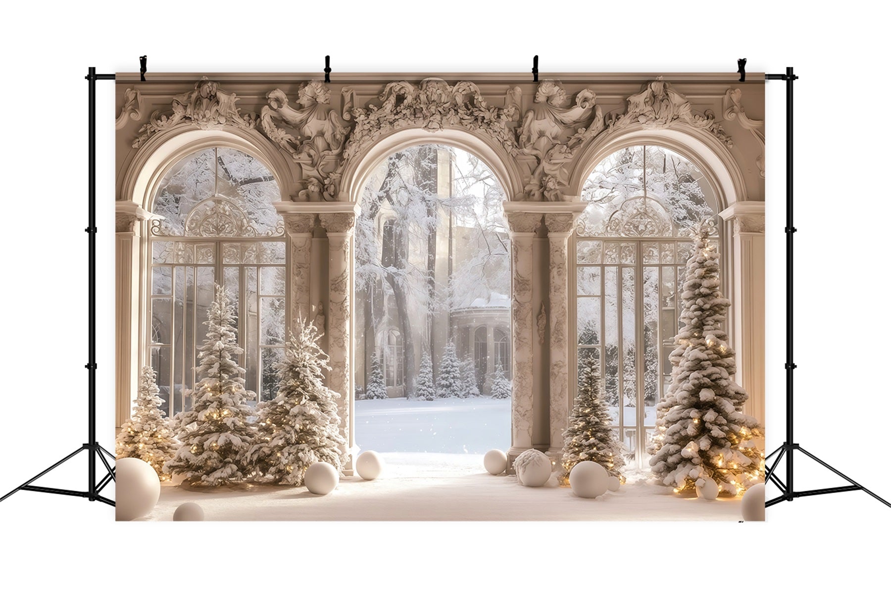 Victorian Christmas Backdrop Snowy Palace Window View Muslin Backdrop Christmas RR68-95