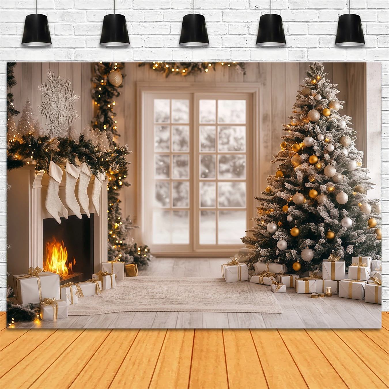 Modern Christmas Backdrop White Gold Hearth Glow Photographic Backdrops Christmas RR68-96