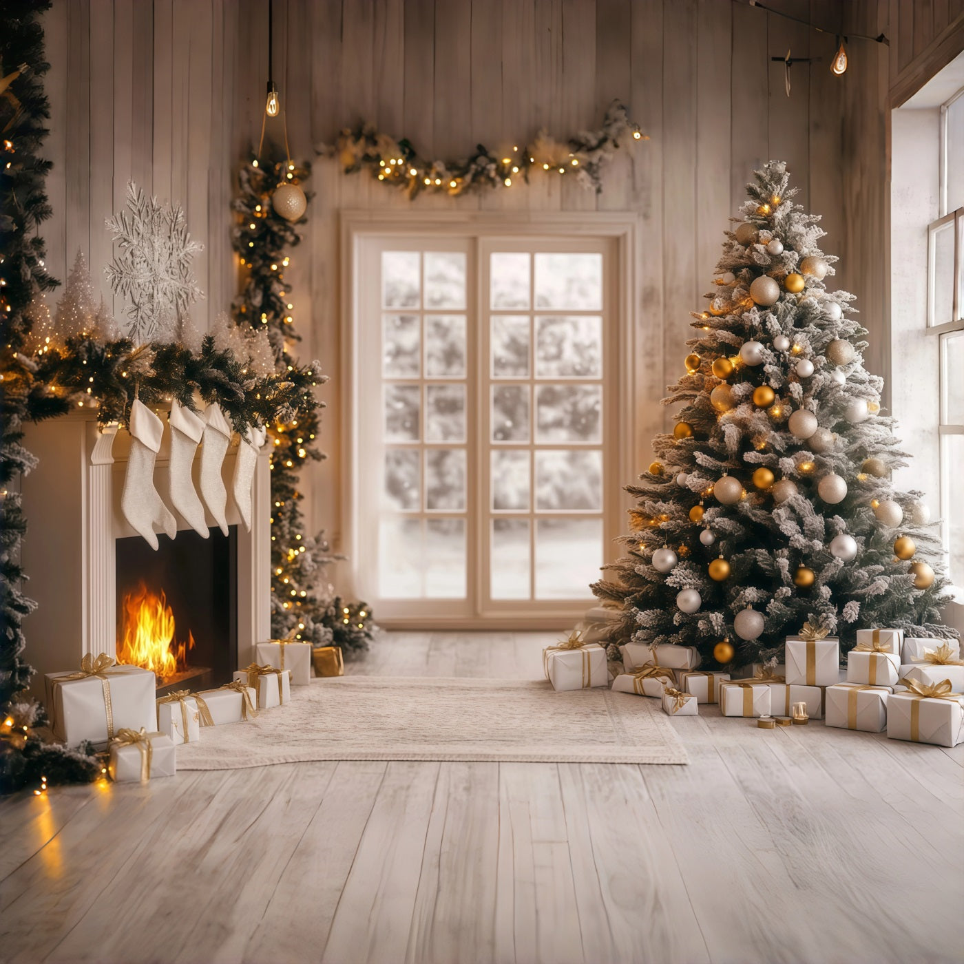 Modern Christmas Backdrop White Gold Hearth Glow Photographic Backdrops Christmas RR68-96