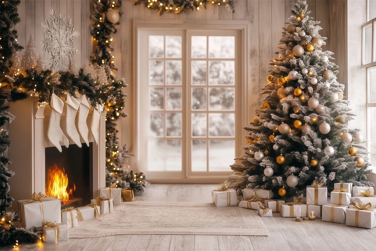 Modern Christmas Backdrop White Gold Hearth Glow Photographic Backdrops Christmas RR68-96