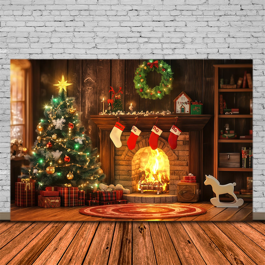 Christmas Fireplace Backdrop Cozy Hearth Stocking Glow Christmas Backdrop RR68-98
