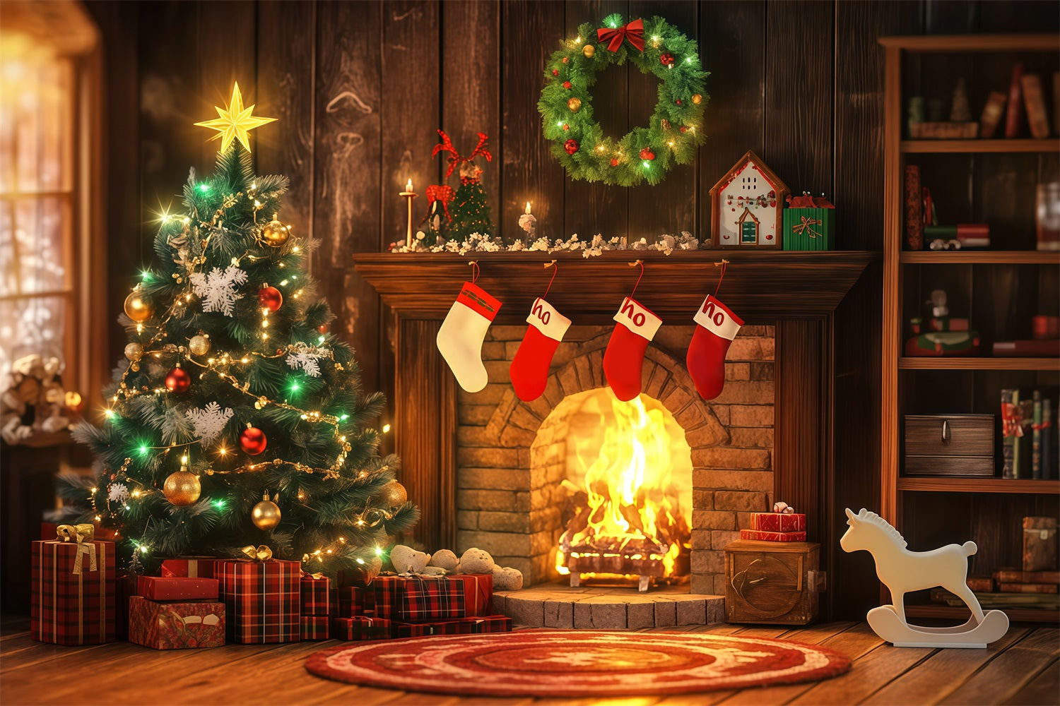 Christmas Fireplace Backdrop Cozy Hearth Stocking Glow Christmas Backdrop RR68-98