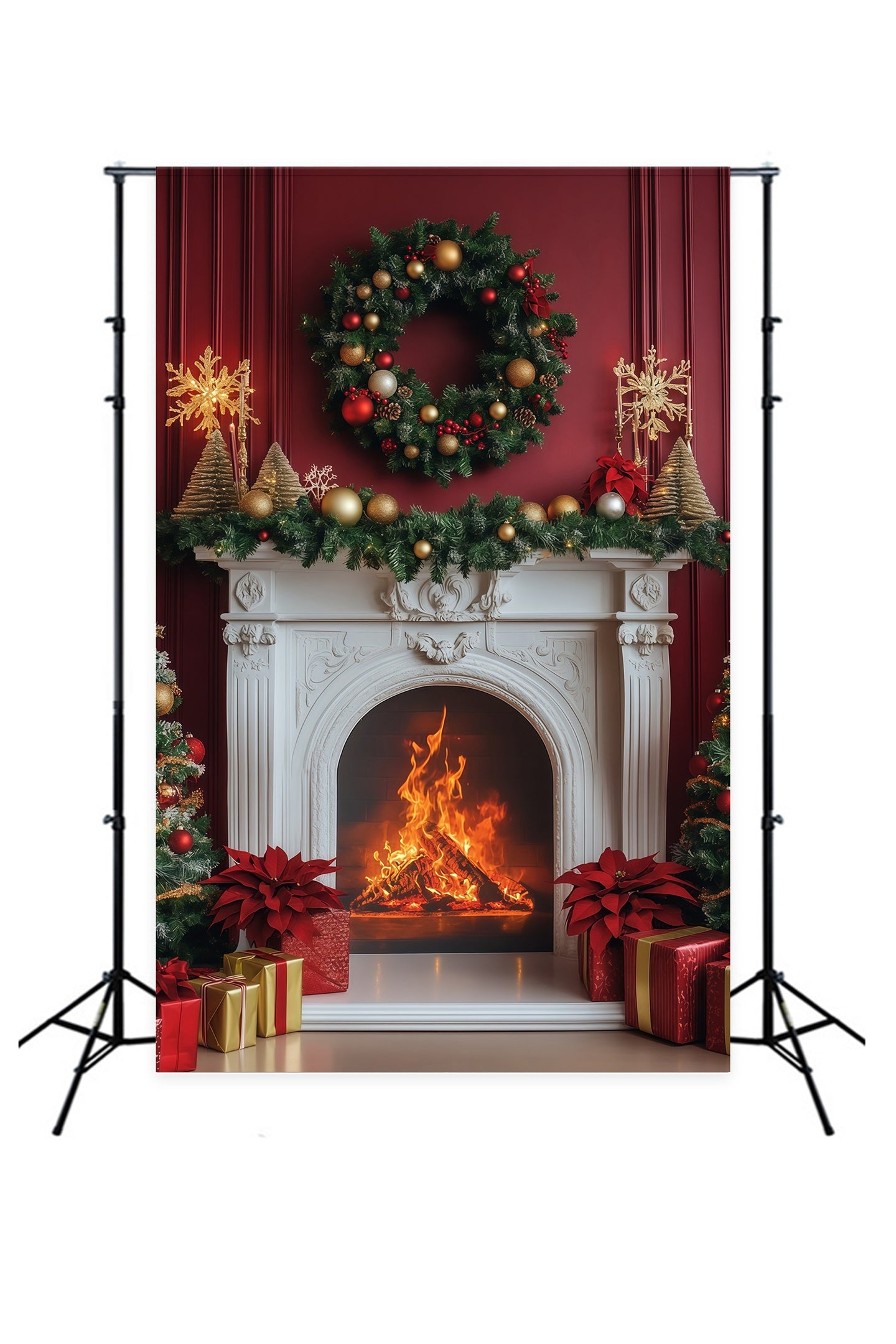 Fireplace Backdrop Christmas Elegant Crimson Wreath Mantel Christmas Backdrops RR68-99