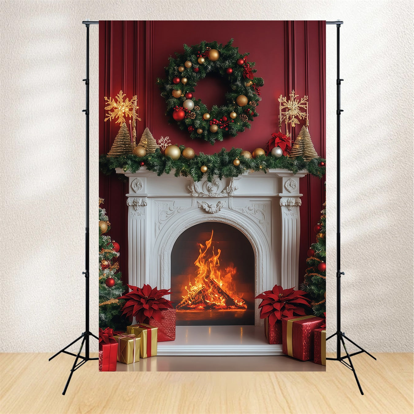 Fireplace Backdrop Christmas Elegant Crimson Wreath Mantel Christmas Backdrops RR68-99