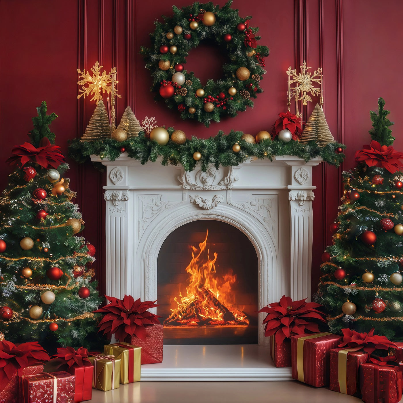 Fireplace Backdrop Christmas Elegant Crimson Wreath Mantel Christmas Backdrops RR68-99