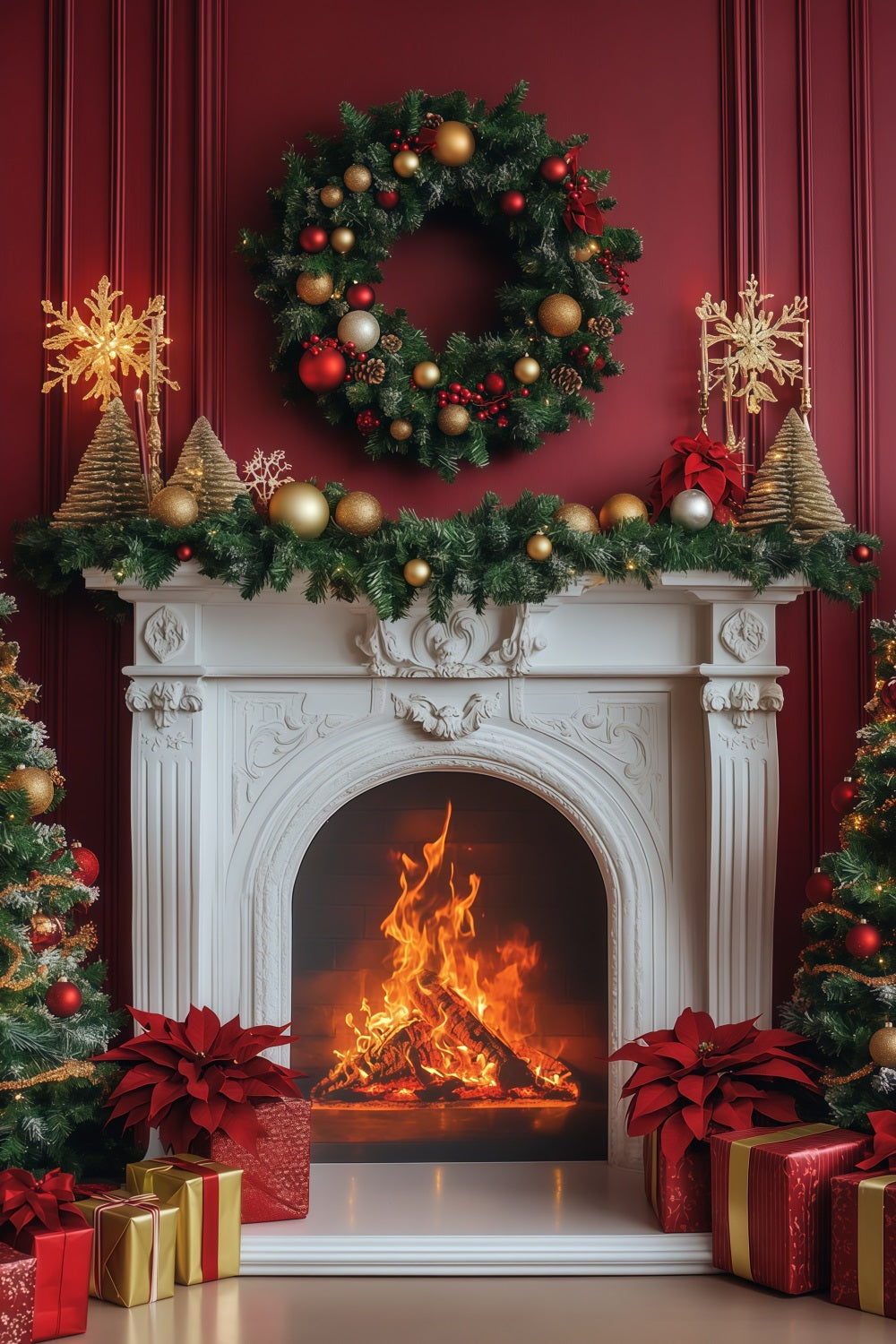 Fireplace Backdrop Christmas Elegant Crimson Wreath Mantel Christmas Backdrops RR68-99