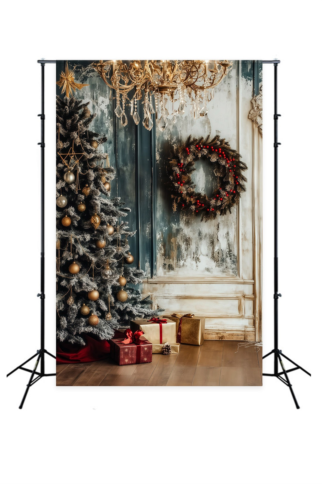 Christmas Wood Backdrop Frosted Chandelier Wreath Corner Christmas Photo Backdrops RR69-1