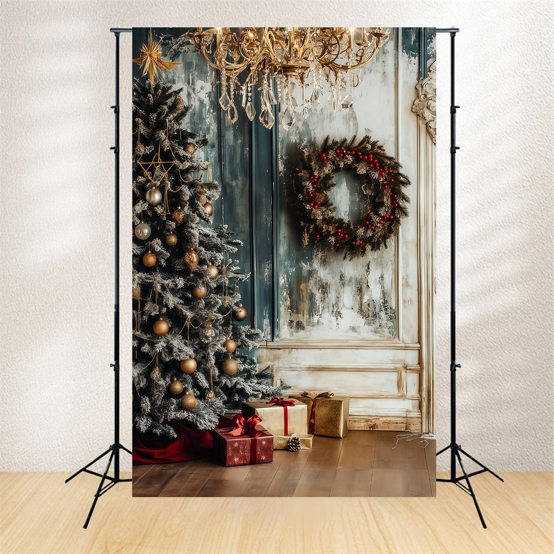 Christmas Wood Backdrop Frosted Chandelier Wreath Corner Christmas Photo Backdrops RR69-1