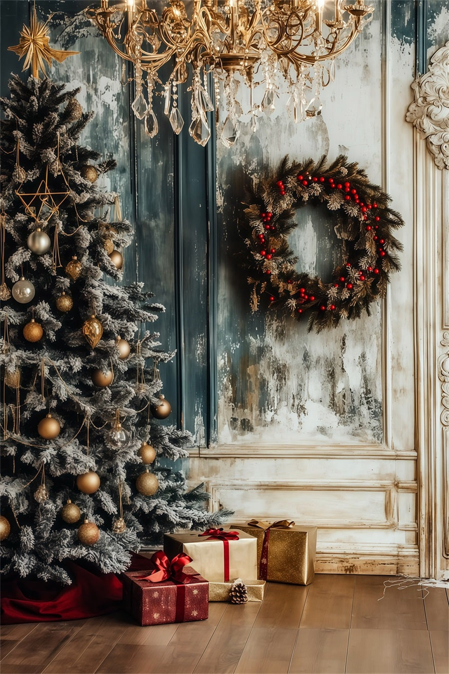 Christmas Wood Backdrop Frosted Chandelier Wreath Corner Christmas Photo Backdrops RR69-1