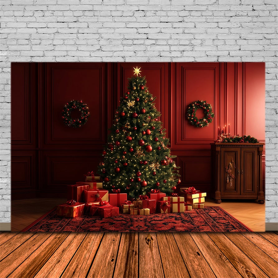 Red Christmas Backdrop Glowing Tree Gift Room Large Christmas Backdrop RR69-10