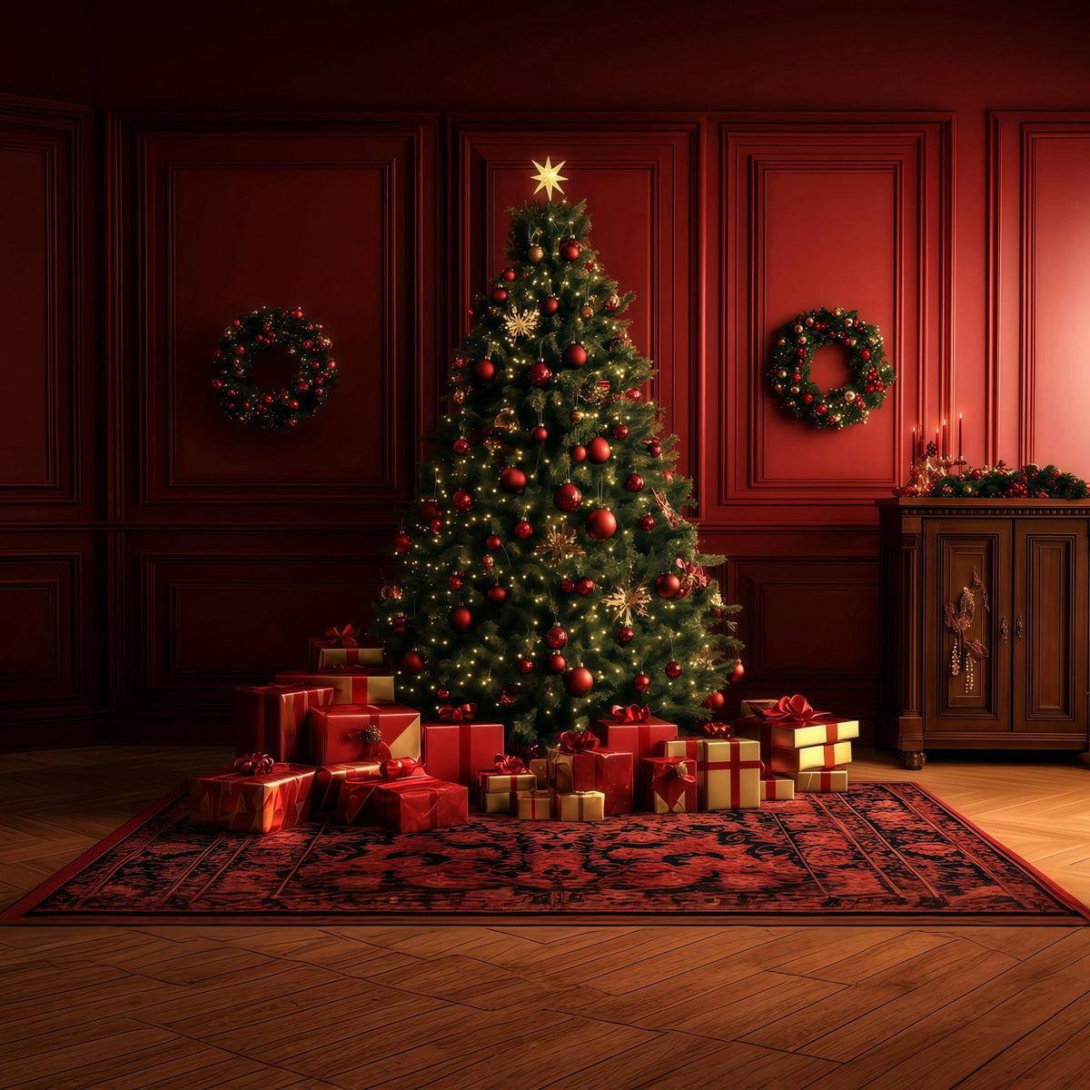 Red Christmas Backdrop Glowing Tree Gift Room Large Christmas Backdrop RR69-10