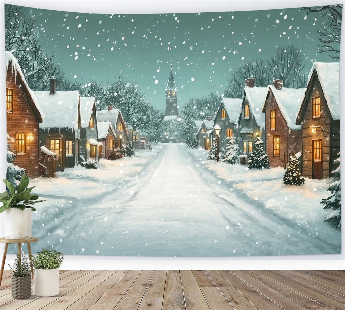 Christmas Street Backdrop Snowy Village Church Lane Photo Backdrop Christmas RR69-100