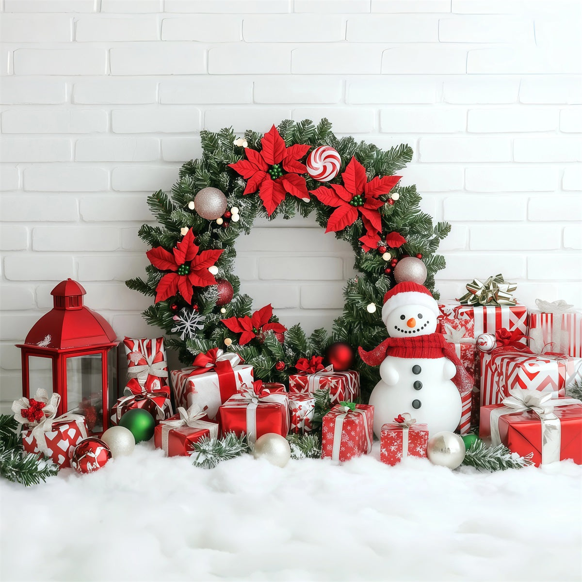 Christmas Wall Backdrop Poinsettia Wreath Snowman Gifts Large Christmas Backdrops RR69-101