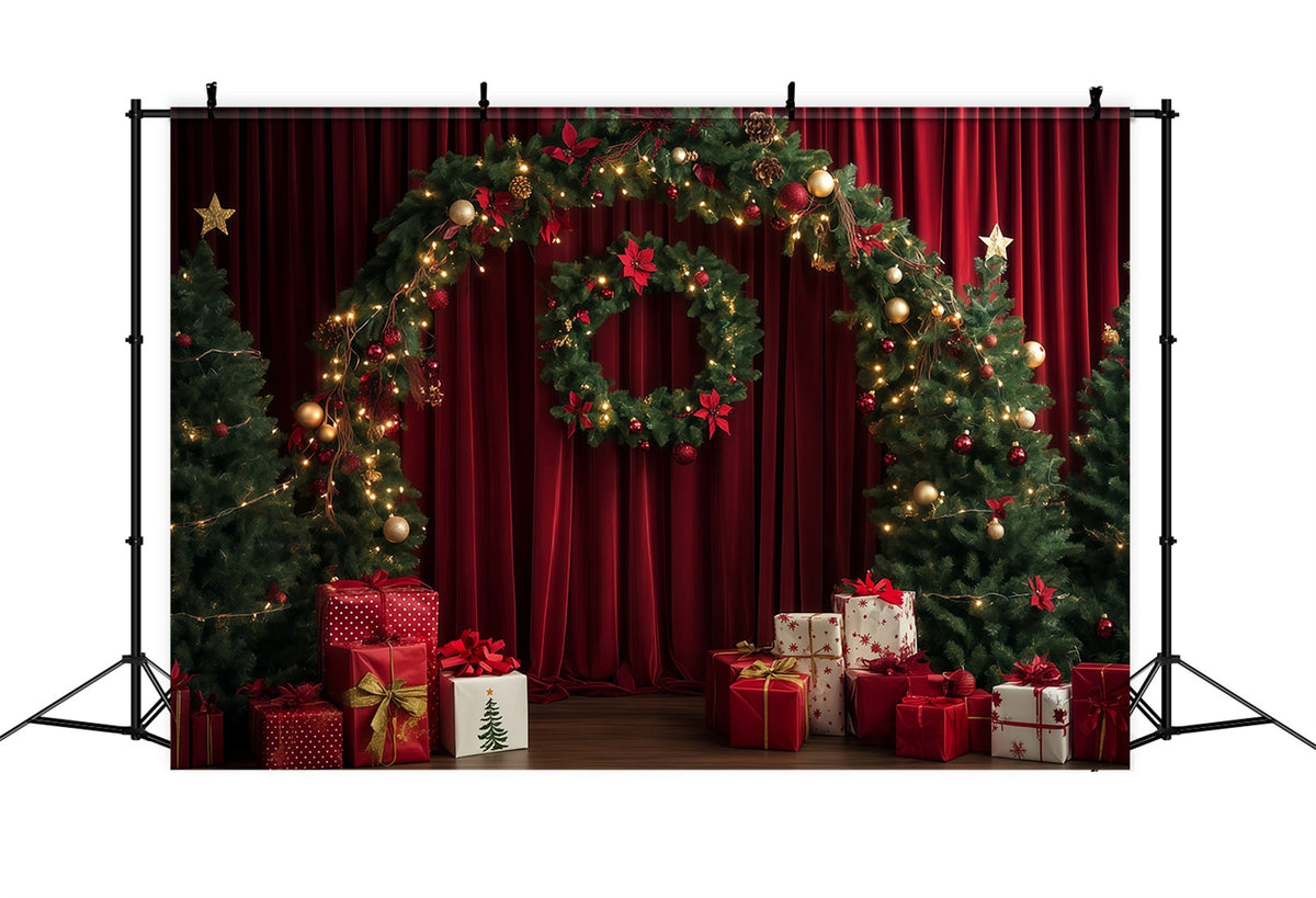 Red Christmas Backdrop Curtain Wreath Garland Arch Large Christmas Backdrop RR69-104