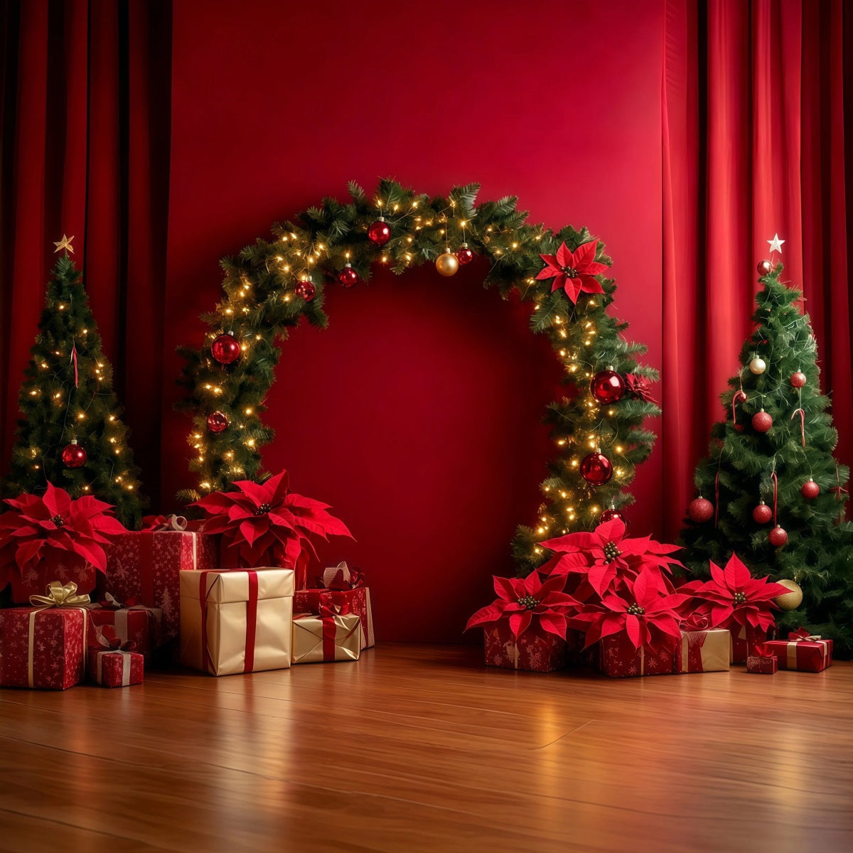 Red Christmas Backdrop Poinsettia Garland Arch Display Backdrops Christmas RR69-105