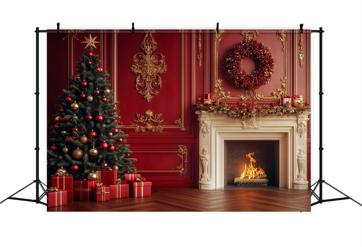 Christmas Fireplace Backdrop Vintage Crimson Mantel Wreath Backdrops Christmas RR69-11
