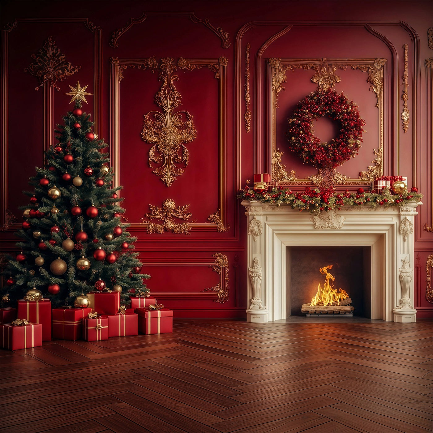 Christmas Fireplace Backdrop Vintage Crimson Mantel Wreath Backdrops Christmas RR69-11
