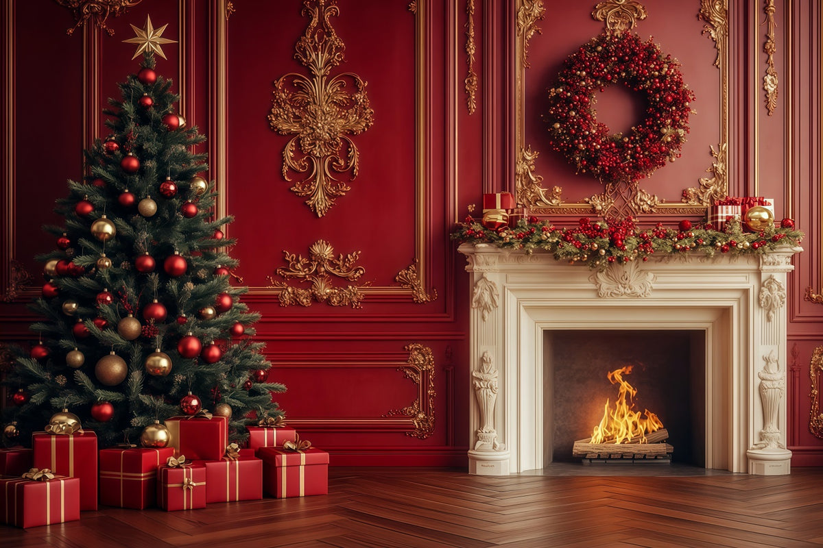 Christmas Fireplace Backdrop Vintage Crimson Mantel Wreath Backdrops Christmas RR69-11