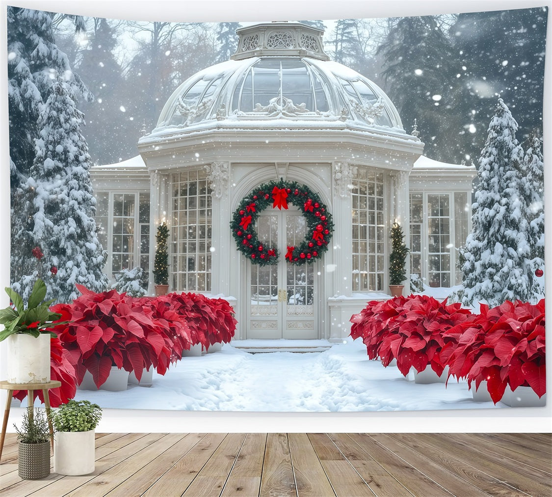 Snowy Christmas Backdrop Conservatory Poinsettia Garden Photography Christmas Backdrop RR69-12