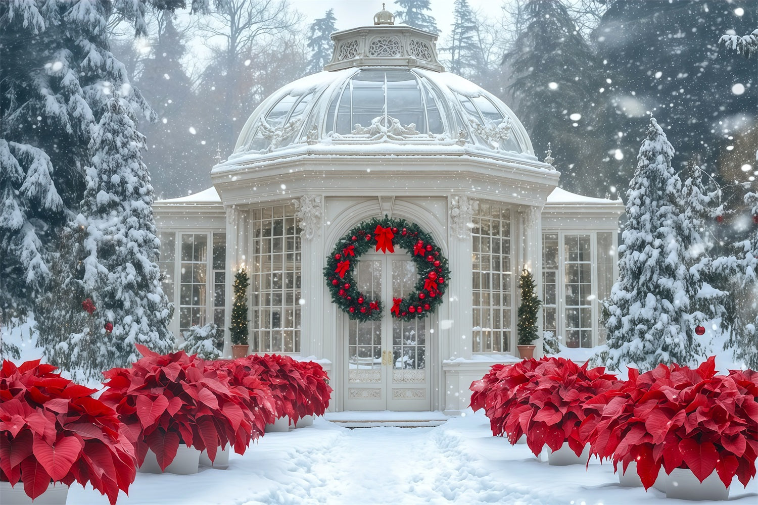 Snowy Christmas Backdrop Conservatory Poinsettia Garden Photography Christmas Backdrop RR69-12