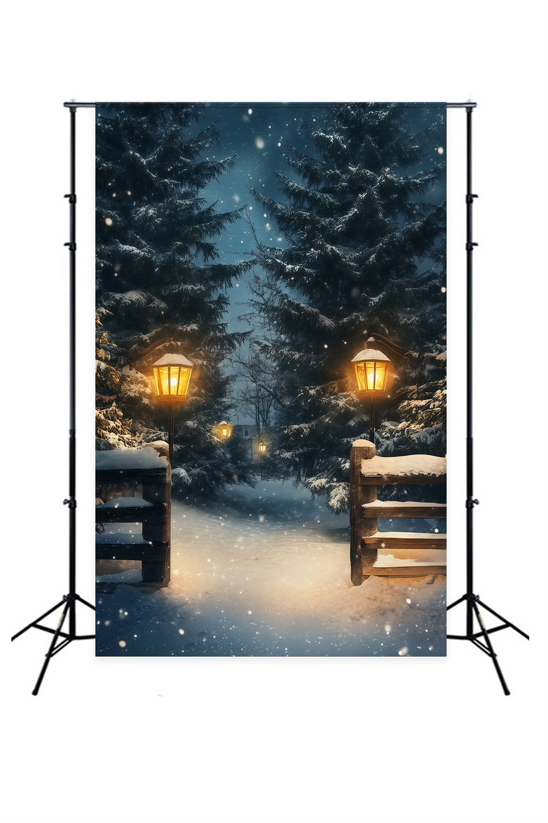 Christmas Snow Backdrop Snowy Lantern Forest Path Photography Backdrops Christmas RR69-13