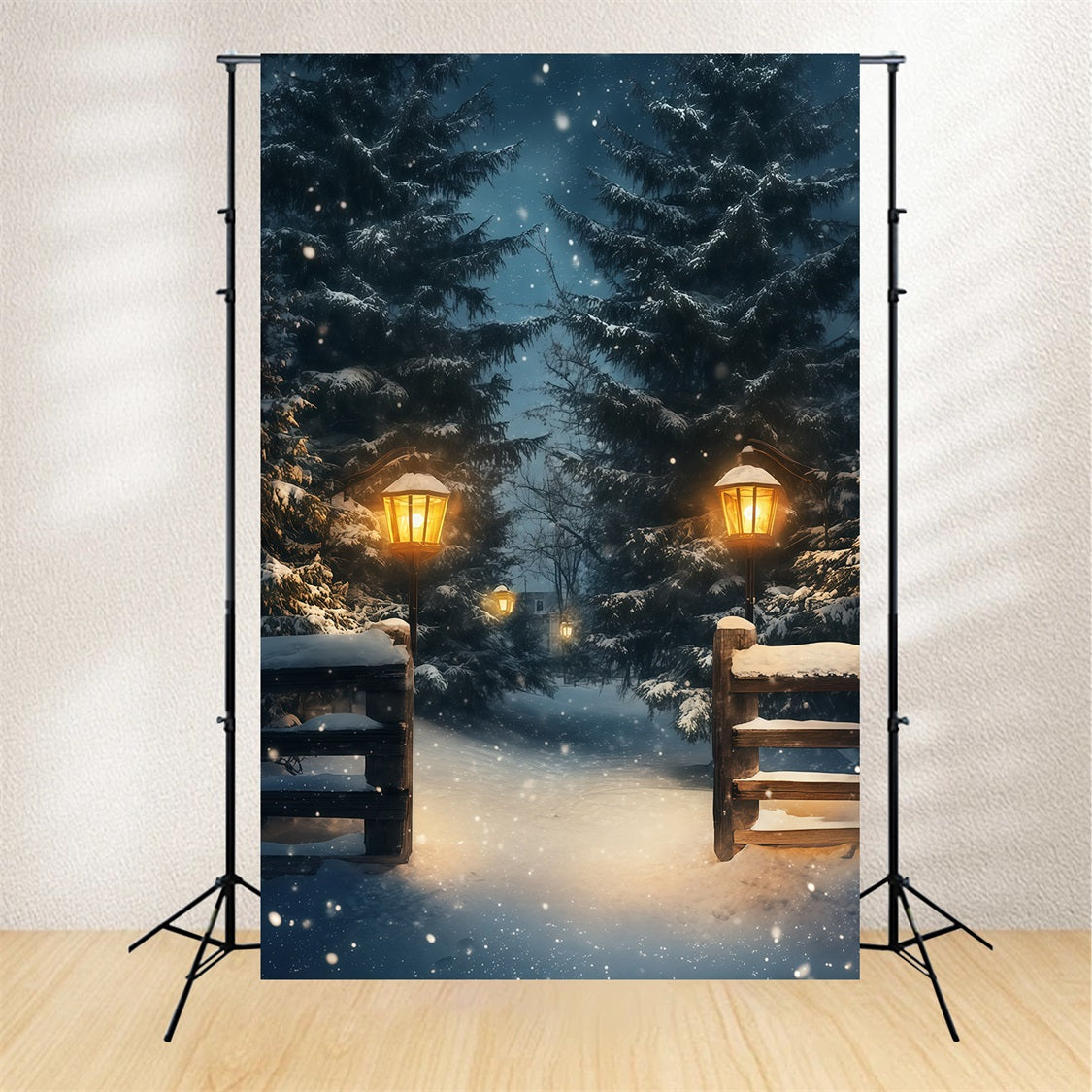 Christmas Snow Backdrop Snowy Lantern Forest Path Photography Backdrops Christmas RR69-13