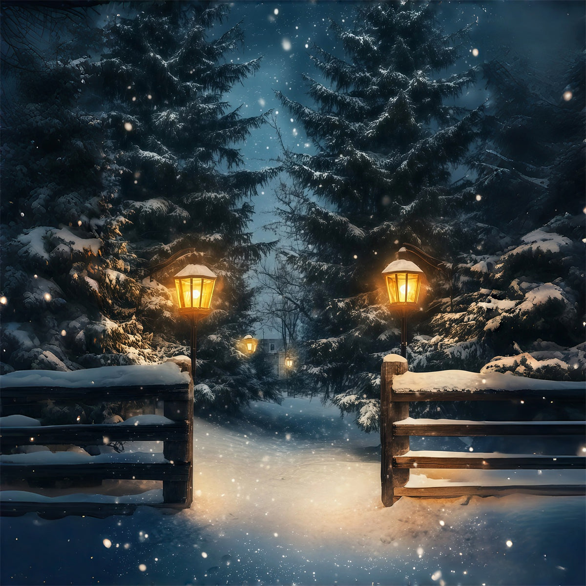 Christmas Snow Backdrop Snowy Lantern Forest Path Photography Backdrops Christmas RR69-13