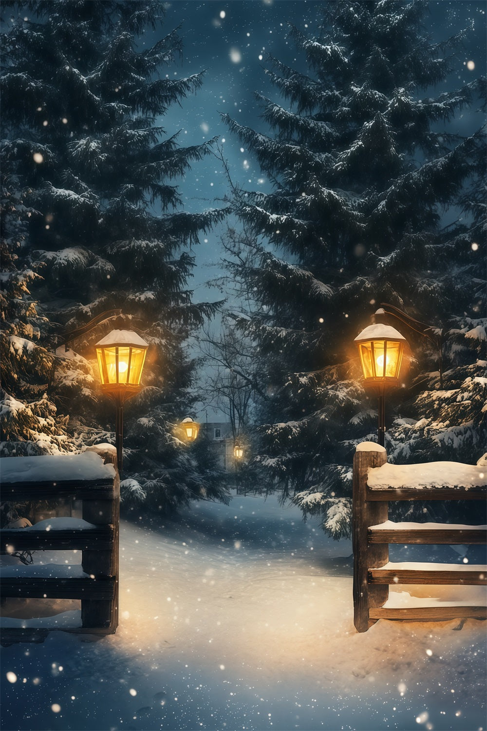 Christmas Snow Backdrop Snowy Lantern Forest Path Photography Backdrops Christmas RR69-13
