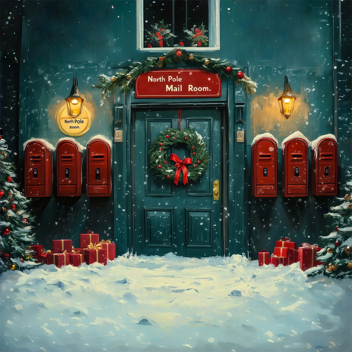 North Pole Christmas Backdrop Snowy Mail Room Door Photo Backdrops Christmas RR69-14