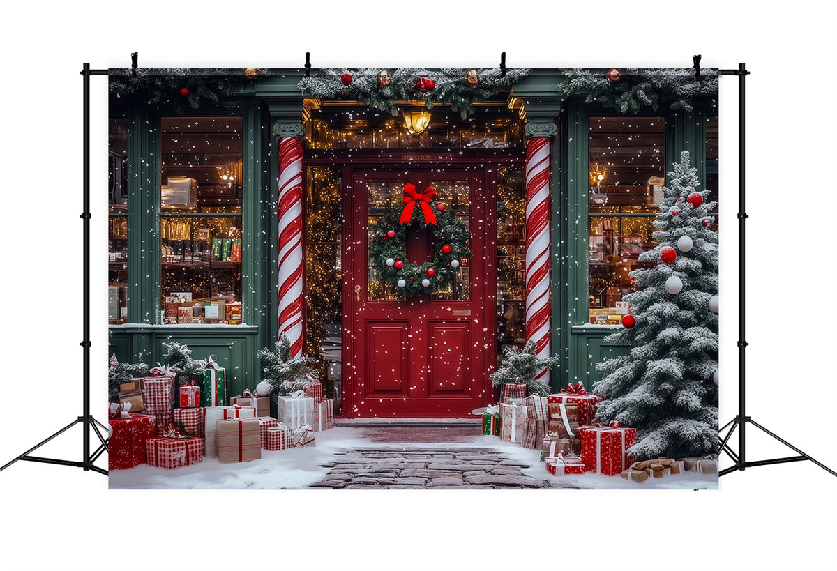 Christmas Toy Shop Backdrop Candy Cane Store Entrance Christmas Studio Backdrop RR69-16