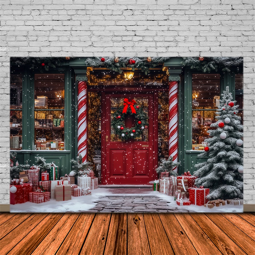 Christmas Toy Shop Backdrop Candy Cane Store Entrance Christmas Studio Backdrop RR69-16