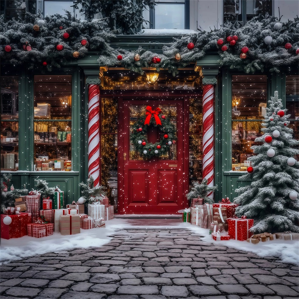 Christmas Toy Shop Backdrop Candy Cane Store Entrance Christmas Studio Backdrop RR69-16