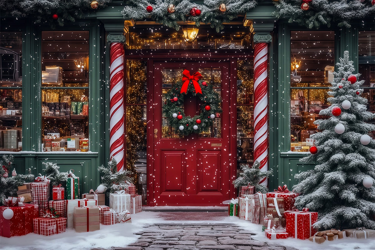 Christmas Toy Shop Backdrop Candy Cane Store Entrance Christmas Studio Backdrop RR69-16