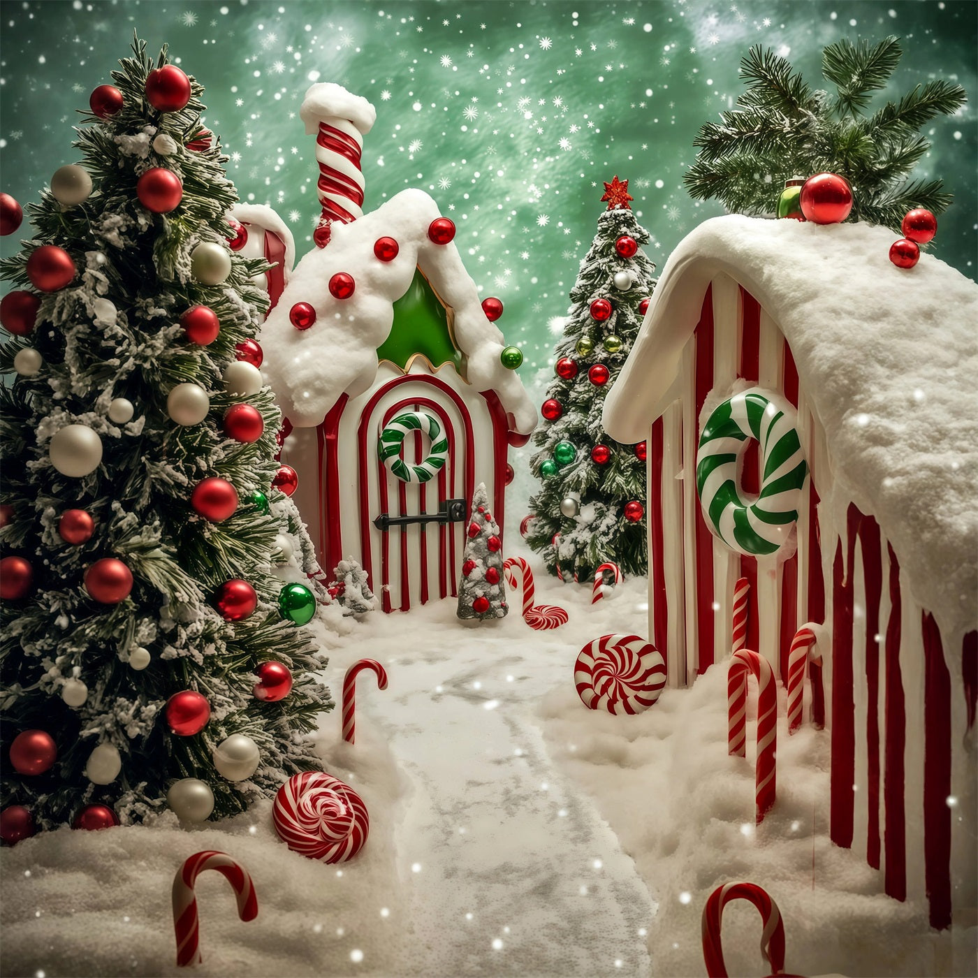 Candyland Christmas Backdrop Snowy Gingerbread Village Photography Backdrop Christmas RR69-17