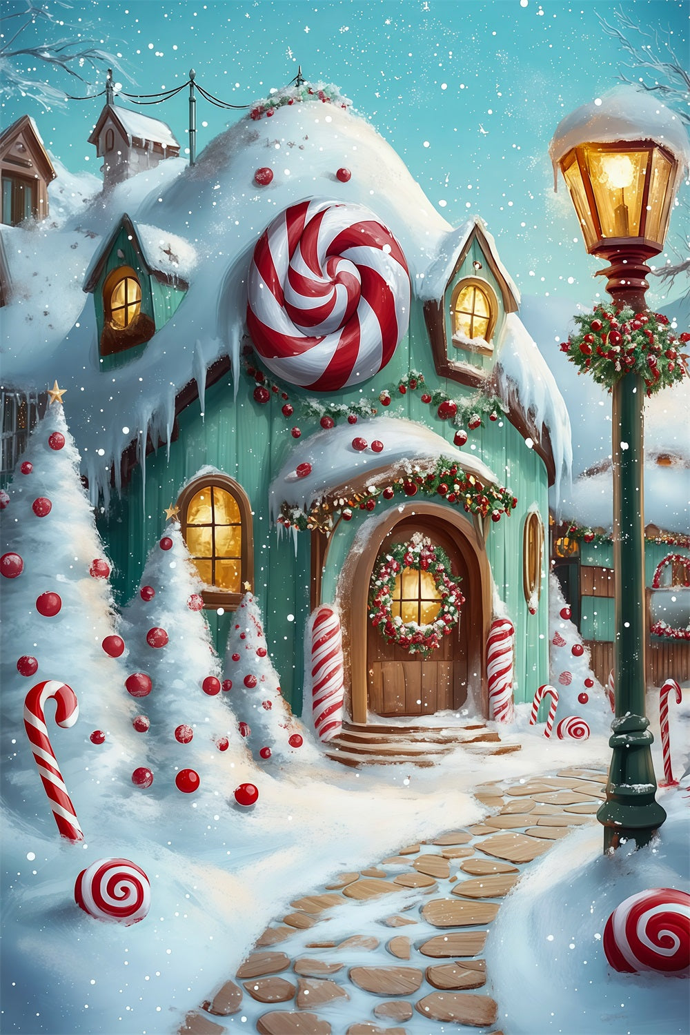 Christmas Candy Backdrop Snowy Gingerbread Cottage Pathway Indoor Christmas Backdrop RR69-18