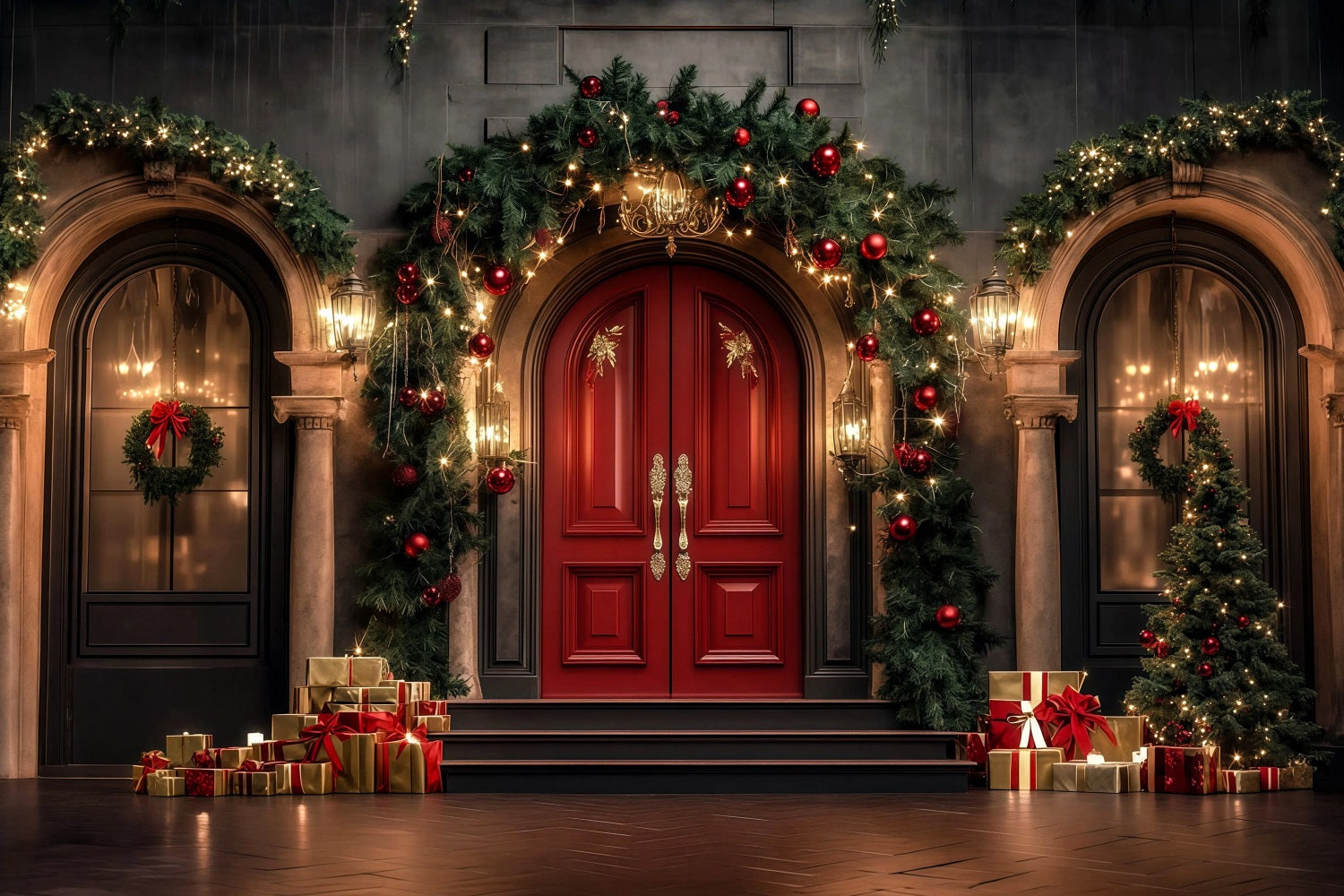 Christmas Arch Backdrop Luxury Garland Door Entrance Studio Backdrops Christmas RR69-19