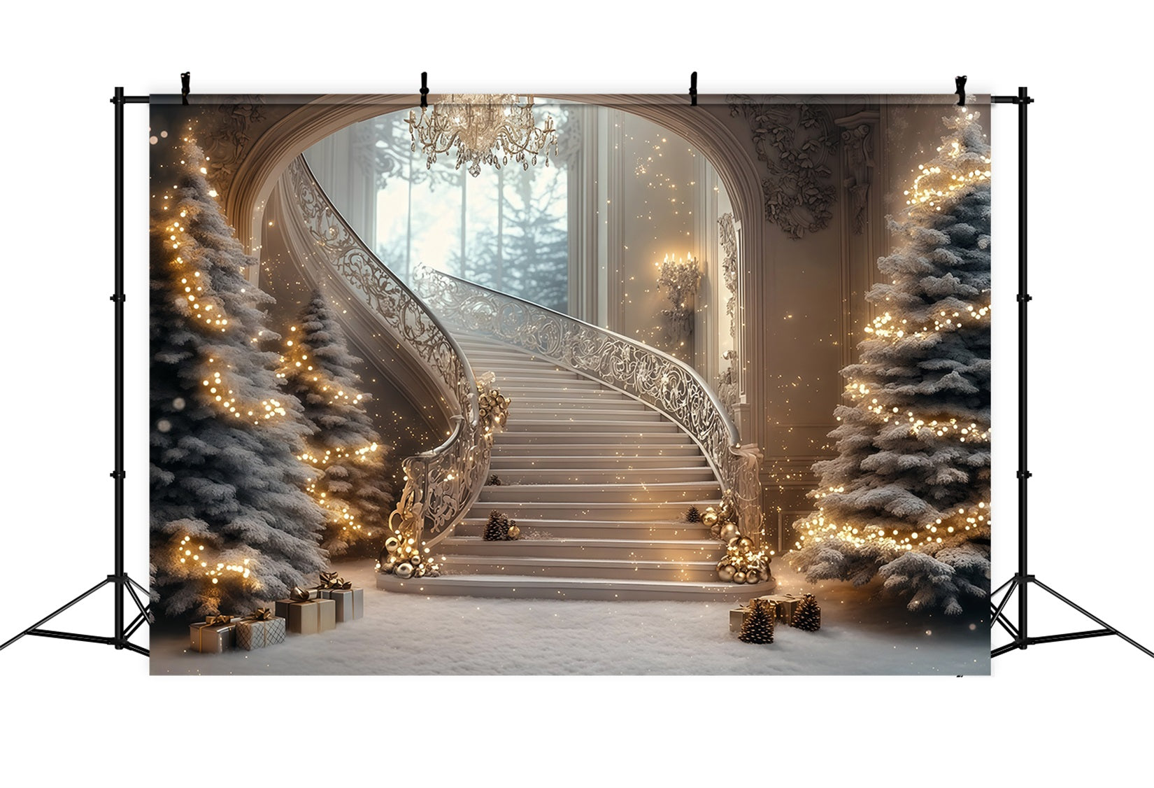 Large Christmas Backdrop Grand Staircase Sparkle Glow Backdrop Christmas RR69-2