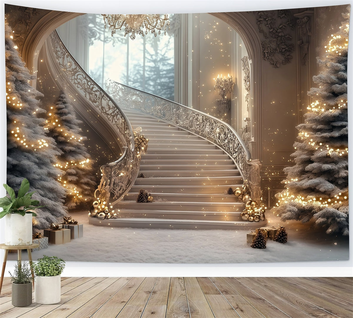 Large Christmas Backdrop Grand Staircase Sparkle Glow Backdrop Christmas RR69-2
